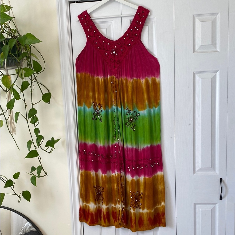 True Rock Boho Hippie  Embellished rainbow  Maxi dress 100% Rayon oversized OSFM